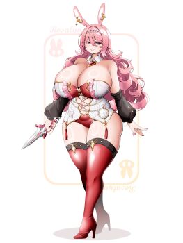 1girl absurdres animal_ear_piercing animal_ears armpit_crease bare_shoulders boots breasts brooch closed_mouth commentary commission dagger detached_collar detached_sleeves double-parted_bangs dress full_body gem gigantic_breasts hair_between_eyes heart heart_brooch high_heel_boots high_heels highres holding holding_dagger holding_knife holding_weapon jewelry knife long_hair looking_at_viewer mole mole_under_mouth navel original pink_hair purple_eyes rabbit_ears rabbit_girl red_boots red_gemstone saltnvalk smile solo standing symbol-only_commentary thick_thighs thigh_boots thighs vgen_commission weapon white_background white_dress