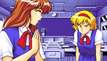 1990s_(style) 2girls 5_jikanme_no_venus angry apologizing blonde_hair brown_hair chair chalkboard classroom desk fairy_dust game_cg lowres multiple_girls pc98 pixel_art retro_artstyle school_chair school_desk school_uniform sweatdrop tagme vase