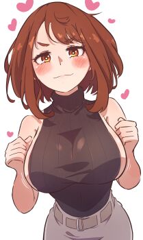 1girl absurdres bare_shoulders belt black_sweater blush_stickers boku_no_hero_academia breasts brown_eyes brown_hair clenched_hands closed_mouth commentary cowboy_shot determined emphasis_lines english_commentary heart highres large_breasts madabau paid_reward_available short_eyebrows short_hair sideboob simple_background sleeveless sleeveless_sweater smile smug solo sweater teasing teeth turtleneck turtleneck_sweater uraraka_ochako v-shaped_eyebrows white_background