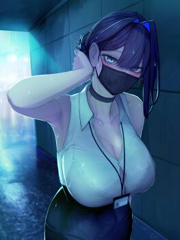 Rule 34 | 1girl, absurdres, alley, alternate costume, armpits, bare shoulders, black choker, black skirt, blue eyes, blue hair, blush, bra visible through clothes, breasts, choker, cleavage, collared shirt, colored inner hair, commentary, english commentary, hair bun, hair intakes, highres, hololive, hololive english, id card, lanyard, large breasts, looking at viewer, mask, mouth mask, multicolored hair, office lady, ouro kronii, rain, see-through clothes, see-through shirt, shirt, shirt tucked in, skirt, sleeveless, sleeveless shirt, soju ice, solo, tile wall, tiles, virtual youtuber, water, wet, wet clothes, wet shirt, white shirt