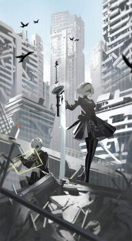 1boy 1girl 2b_(nier:automata) 9s_(nier:automata) black_boots black_dress black_hairband black_jacket black_shorts black_thighhighs blindfold boots city commentary dress droid hairband highres jacket katana knee_boots long_sleeves mikann_(clm_mikan) nier:automata nier_(series) puffy_sleeves ruins short_hair shorts side_slit sitting standing sword thighhighs weapon white_hair