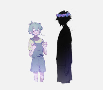 Rule 34 | 2boys, antenna hair, basil (headspace) (omori), basil (omori), black hair, black shorts, black skin, blue overalls, blush, closed eyes, colored skin, commentary request, double-parted bangs, dual persona, flower, flower wreath, green shirt, hair between eyes, head wreath, highres, male focus, multiple boys, omori, open mouth, overall shorts, overalls, shirt, short hair, short sleeves, shorts, sidelocks, simple background, smile, stranger (omori), t-shirt, usagi uma te mu, white background, white skin