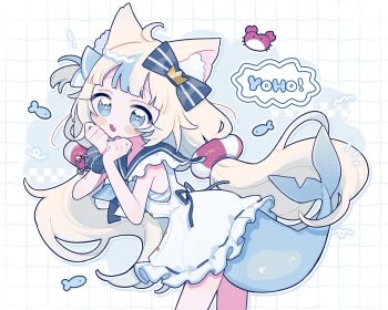 Rule 34 | :3, ahoge, animal ear fluff, animal ears, blonde hair, blue eyes, blue sailor collar, blue streaks, cat ears, dress, english text, fang, fins, fish girl, fish tail, from side, highres, indie virtual youtuber, lifebuoy hair ornament, long hair, low twintails, multicolored hair, niyu (nennenkorori3), one side up, sailor collar, sailor dress, sameko saba, sameko saba (1st costume), scrunchie, skin fang, sleeveless, sleeveless dress, sparkling eyes, streaked hair, tail, twintails, virtual youtuber, wrist scrunchie