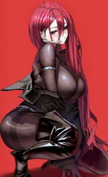 1girl absurdres all_fours antenna_hair arm_strap black_bodystocking black_boots black_jacket blue_eyes blush boots breasts earpiece goddess_of_victory:_nikke hair_ornament headset highres jacket jindogod large_breasts logey_(nikke) long_hair looking_at_viewer mole mole_under_eye off-shoulder_jacket off_shoulder open_mouth red_background red_hair simple_background solo thigh_boots thighband_bodystocking very_long_hair