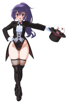 1girl animal bird blush boots breasts dd_(ijigendd) fishnet_thighhighs fishnets from_hat_trick gloves gluteal_fold hat highres leotard long_hair magic_trick magician original party_parrot_(meme) ponytail purple_eyes purple_hair small_breasts smile solo tailcoat thigh_boots thighhighs top_hat white_gloves