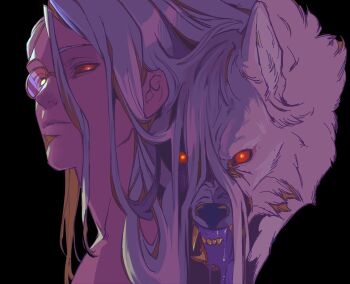 1boy absurdres animal bakushi_(smys2017) benjamin_(madk) black_background colored_sclera commentary_request dual_persona glowing glowing_eyes highres long_hair looking_at_viewer madk male_focus monocle portrait purple_hair red_sclera simple_background wolf yellow_eyes
