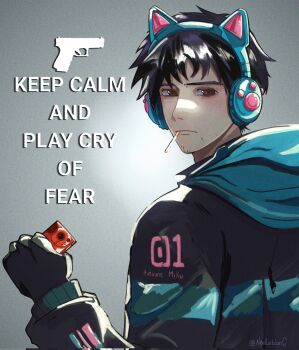 1boy animal_ear_headphones animal_ears black_eyes black_gloves black_hair black_jacket blue_hoodie cat_ear_headphones cat_ears cigarette clothes_writing cosplay cry_of_fear english_text fake_animal_ears fingerless_gloves gloves gun handgun hatsune_miku hatsune_miku_(cosplay) headphones highres holding holding_phone hood hood_down hoodie jacket keep_calm_and_carry_on looking_at_viewer looking_back male_focus multicolored_jacket n0elleblanc phone short_hair simon_henriksson solo two-tone_jacket upper_body weapon