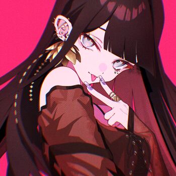 1girl brown_hair chromatic_aberration colored_inner_hair ear_piercing eyelashes fingernails gem-studded_nails jewelry long_hair looking_at_viewer multicolored_hair nail_polish off_shoulder original piercing pink_background ring sa_jitsu screentones simple_background solo square tongue tongue_out upper_body