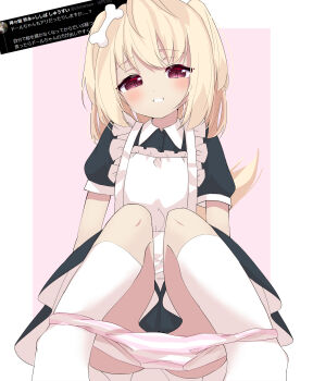 1girl absurdres animal_ears apron blonde_hair bone_hair_ornament character_request commentary copyright_request dog_ears dog_girl dress flat_chest hair_ornament highres maid panties panty_pull parted_lips red_eyes shirayuki_(snow_link) smile solo striped_clothes striped_panties underwear