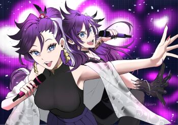 Rule 34 | 1boy, 1girl, arm tattoo, artist name, banzoin hakka, banzoin hakka (2nd costume), black choker, black dress, black skin, blue eyes, blue skirt, bracelet, breasts, choker, colored skin, commentary, dress, earrings, english commentary, fang, feather hair ornament, feathers, fingernails, hair between eyes, hair ornament, hakkamama (banzoin hakka), highres, holding, holding microphone, holostars, holostars english, ibisiro, jewelry, long fingernails, long hair, looking at viewer, microphone, mother and son, multicolored hair, multicolored skin, music, open mouth, outstretched arm, pink nails, pleated skirt, ponytail, purple background, purple eyes, purple hair, purple nails, shawl, shirt, singing, skirt, sleeveless, sleeveless dress, smile, sparkle, streaked hair, tassel, tassel earrings, tattoo, tattoo sleeve, teeth, turtleneck, turtleneck dress, upper teeth only, virtual youtuber, white hair, white shawl