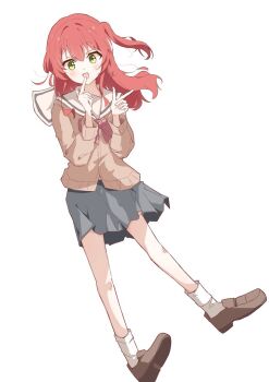1girl :d blush bocchi_the_rock! brown_cardigan brown_shoes cardigan commentary double_v floating_hair full_body grey_skirt hair_between_eyes hands_up happy kita_ikuyo loafers long_hair looking_at_viewer miniskirt one_side_up open_mouth pleated_skirt red_hair sailor_collar school_uniform serafuku shoes simple_background skirt smile socks solo standing v white_background white_sailor_collar white_socks yellow_eyes yukou_sui