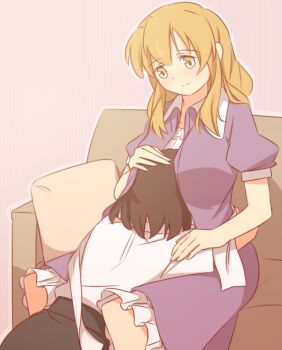 Rule 34 | 2girls, between breasts, black skirt, blonde hair, blush, breasts, brown hair, camisole, closed mouth, collared dress, collared shirt, commentary request, contrast collar, couch, dress, hand on another's arm, head between breasts, head on another's stomach, headpat, hug, long hair, maribel hearn, medium hair, missing headwear, multiple girls, open clothes, open dress, pillow, purple dress, shirt, shirt tucked in, short sleeves, sidelocks, sitting, skirt, sleeve cuffs, smile, touhou, unagi sango, usami renko, white camisole, white shirt, yellow eyes, yuri