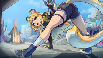 1girl all_fours animal_ears ass ass_focus blonde_hair boots bow doktor_malefic fingerless_gloves from_behind gloves green_eyes highres ju_fufu leaning leaning_forward loli long_hair looking_back open_mouth short_shorts shorts smile solo tail tail_bow tail_ornament tiger_ears tiger_girl tiger_tail very_long_hair zenless_zone_zero