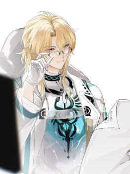 1boy absurdres adjusting_eyewear bespectacled blonde_hair blurry blurry_foreground chinese_commentary closed_mouth coat commentary_request glasses gloves highres long_hair long_sleeves luuk_herssen_(wuthering_waves) male_focus minglu_(gululu) multicolored_hair reading red_eyes shirt simple_background smile solo streaked_hair upper_body white_background white_coat white_gloves white_shirt wuthering_waves