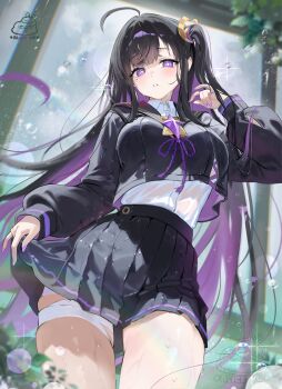 1girl absurdres alice_vu bandage_on_thigh black_hair black_sailor_collar black_serafuku black_shirt black_skirt breasts chitose_(stella_sora) colored_inner_hair commentary fingernails from_below highres large_breasts long_sleeves looking_at_viewer miniskirt mole mole_under_eye multicolored_hair nail_polish pleated_skirt puffy_long_sleeves puffy_sleeves purple_eyes purple_hair purple_nails sailor_collar school_uniform serafuku shirt skirt skirt_hold solo stella_sora symbol-only_commentary wet white_shirt