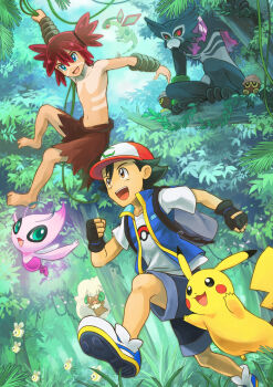 2boys :d akuru_(akr369akr) alternate_color ash_ketchum bad_id bad_pixiv_id barefoot black_gloves blouse blue_eyes celebi clenched_hand cottonee cutiefly day fingerless_gloves flygon forest gen_1_pokemon gen_2_pokemon gen_3_pokemon gen_5_pokemon gen_7_pokemon gen_8_pokemon gloves grass jungle koko_(pokemon) legendary_pokemon male_focus multiple_boys mythical_pokemon nature nintendo open_mouth outdoors pikachu plant pokemon pokemon_(anime) pokemon_(creature) pokemon_the_movie:_secrets_of_the_jungle print_shirt red_hair running seedot shiny_pokemon shirt shoes shorts sky smile sneakers topless_male vines white_shirt zarude zarude_(dada)