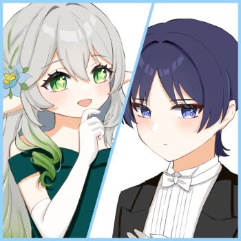1boy 1girl alternate_costume aqua_flower bare_shoulders blunt_ends bow bowtie contemporary cross-shaped_pupils double-parted_bangs dress elbow_gloves eyeliner eyeshadow flower genshin_impact gloves gradient_hair green_dress green_eyes green_hair hair_between_eyes hair_flower hair_intakes hair_ornament hand_on_own_chin hetero highres jacket kalpalata_lotus lapels leaf leaf_hair_ornament light_blush looking_at_another lotus makeup multicolored_flower multicolored_hair nahida_(genshin_impact) off_shoulder omochi_(omoch1_93) open_clothes open_jacket open_mouth parted_bangs pointy_ears purple_eyes purple_hair red_eyeliner red_eyeshadow ringlets scaramouche_(genshin_impact) split_screen symbol-shaped_pupils teeth tuxedo tuxedo_jacket tuxedo_shirt upper_teeth_only white_bow white_bowtie white_gloves white_hair yellow_flower