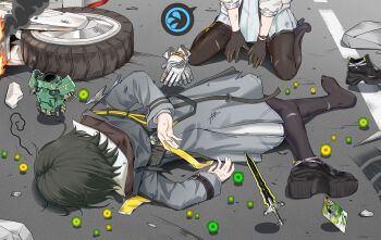 2girls absurdres anglediana arknights arknights:_endfield black_hair black_pantyhose coat commentary_request dress drops endministrator_(arknights) experience_orb faceplant fallen_down female_endministrator_(arknights) gameplay_mechanics gloves highres jacket minecraft multicolored_gloves multiple_girls on_ground open_clothes open_coat outdoors pantyhose perlica_(arknights) short_hair sitting sword two-sided_gloves two-tone_gloves wariza weapon white_dress white_jacket yellow_gloves