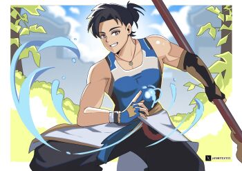 Rule 34 | 1boy, artist name, asymmetrical gloves, bare shoulders, belt, black hair, black pants, blue belt, blue tank top, bodysuit, brown eyes, clothes around waist, cloud, collarbone, covered abs, covered pectorals, dynamic pose, earrings, elbow gloves, fighting stance, fingerless gloves, gloves, hair bun, holding, holding behind back, holding polearm, holding weapon, holding weapon behind back, hydrokinesis, jade (gemstone), jewelry, looking at viewer, male focus, necklace, overwatch, pants, pectorals, pelvic curtain, pendant, polearm, rectangular earrings, sidepec, single earring, single elbow glove, sky, sleeveless, sleeveless bodysuit, smile, tank top, tight clothes, toned, toned male, topknot, uneven gloves, user mtwp7388, water, weapon, wuyang (overwatch), yaopei