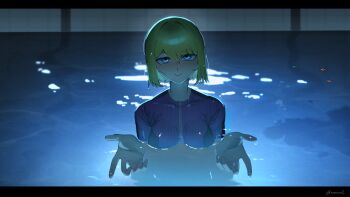 1girl backlighting blonde_hair blue_eyes blue_shirt breasts chainsaw_man helldivers_(series) highres i&#039;ll_teach_you_everything_(chainsaw_man) long_sleeves looking_at_viewer medium_breasts medium_hair night open_hands partially_submerged scene_reference seaf_soldier_(helldivers) shirt smile solo water xanran