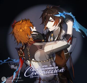 0723_yuan_shang_fuhuo_ban 2boys black_background black_gloves blue_eyes brooch brown_coat brown_hair chinese_commentary closed_mouth coat collared_shirt commission dagger dual_persona earrings expressionless eyeliner facing_another gem genshin_impact gloves grabbing_another&#039;s_chin gradient_hair grey_jacket grey_shirt hair_between_eyes half_gloves hand_on_another&#039;s_chin hand_up highres holding holding_another&#039;s_wrist holding_dagger holding_knife holding_weapon jacket jewelry knife lapels lofter_username long_hair long_sleeves looking_at_viewer makeup male_focus mask mask_on_head multicolored_hair multiple_boys necktie orange_eyes orange_gemstone orange_hair peaked_lapels profile red_eyeliner red_gemstone red_scarf reverse_grip scarf shadow shirt short_hair sideways_glance single_earring sleeve_cuffs spotlight tartaglia_(genshin_impact) tassel tassel_earrings three-quarter_sleeves thumb_ring upper_body weapon white_necktie yaoi zhongli_(genshin_impact)