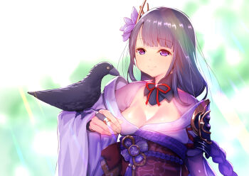 1girl animal_on_arm bird bird_on_arm blunt_bangs blurry blurry_background braid breasts bridal_gauntlets cleavage closed_mouth clothing_cutout commentary_request crow detached_collar flower_ornament genshin_impact hair_ornament japanese_clothes kimono large_breasts light_smile long_braid looking_at_animal looking_down looking_to_the_side mole mole_under_eye neck_ribbon off_shoulder purple_eyes purple_hair purple_kimono raiden_shogun red_ribbon red_sash ribbon sash shoulder_cutout single_braid solo standing sunlight upper_body usapenpen2019