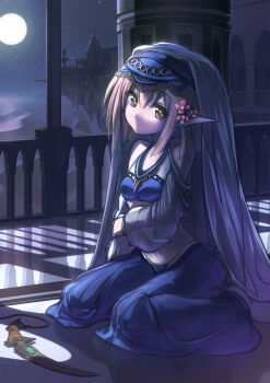 1girl arabian_clothes bare_shoulders blonde_hair castle desert elf flower full_moon garuku gypsy hair_flower hair_ornament highres knife looking_at_viewer moon navel night original photoshop_(medium) pointy_ears second-party_source see-through_clothes shadow short_hair sitting sky solo star_(sky) starry_sky veil wariza weapon yellow_eyes