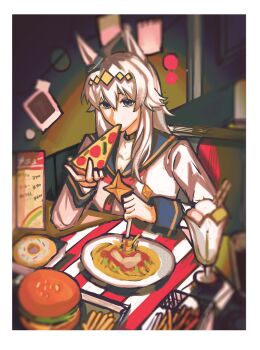 1girl ahoge animal_ears blue_eyes blue_sailor_collar brooch burger diamond_hairband donut ear_ornament eating food french_fries fuyuyume glutton grey_hair hair_between_eyes hair_ornament hairband highres holding holding_food holding_pizza horse_ears horse_girl jacket jewelry long_hair long_sleeves milkshake multicolored_hair neckerchief oguri_cap_(starlight_beat)_(umamusume) oguri_cap_(umamusume) pasta pizza pizza_slice plate rainbow red_neckerchief sailor_collar shirt sitting solo spaghetti star_brooch table umamusume white_jacket white_shirt