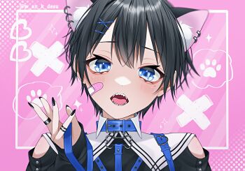 1boy animal_collar animal_ear_fluff animal_ears bandaid bandaid_on_cheek bandaid_on_face black_hair blue_eyes blush cat_boy cat_ears chest_harness clothing_cutout collar collared_shirt commentary ear_piercing fingernails hair_ornament hairclip harness head_tilt heart highres jewelry long_fingernails long_sleeves looking_at_viewer male_focus mole mole_under_eye nail_polish open_mouth original paw_print piercing pink_background ring sharp_teeth shirt short_hair shoulder_cutout solo symbol-only_commentary teeth upper_body wanko_(yurika0320) x_(symbol) x_hair_ornament