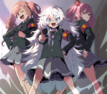 Rule 34 | + +, 3girls, a.c.p.u. (nikke), armband, bandaid, bandaid on knee, bandaid on leg, black armband, blue eyes, blush, breasts, brown hair, fang, flower, goddess of victory: nikke, green eyes, hair flower, hair ornament, highres, long hair, looking at viewer, miranda (nikke), multiple girls, one eye closed, open mouth, pink hair, pleated skirt, poli (nikke), quiry (nikke), red eyes, school uniform, serafuku, skin fang, skirt, smile, sparkling eyes, symbol-shaped pupils, syope, twintails, very long hair, whistle, whistle around neck, white hair