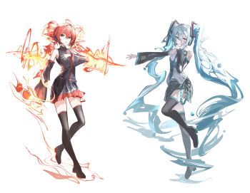 2girls ahoge aqua_eyes aqua_hair aqua_necktie aqua_trim arm_tattoo black_skirt blush boots breasts collarbone collared_shirt commentary cosplay costume_switch detached_sleeves drill_hair fiery_hair fire full_body grey_shirt hair_between_eyes hair_ornament hatsune_miku headset highres kasane_teto kasane_teto_(utau) liquid_hair long_hair long_sleeves looking_at_viewer miniskirt multiple_girls necktie number_tattoo open_mouth pleated_skirt red_eyes red_hair red_trim shirt sikadi_shigaoshou simple_background skirt small_breasts smile tattoo thigh_boots thighhighs twin_drills twintails utau very_long_hair vocaloid water white_background wide_sleeves zettai_ryouiki