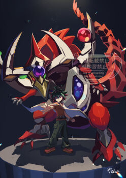 1boy black_background commentary_request dragon duel_monster full_body goggles goggles_on_head green_eyes green_hair green_pants heterochromia highres jacket jacket_on_shoulders male_focus multicolored_hair odd-eyes_pendulum_dragon orange_shirt orb pants red_eyes red_hair sakaki_yuya shirt short_hair simple_background two-tone_hair white_jacket yanagimachi yu-gi-oh! yu-gi-oh!_arc-v