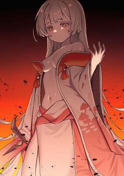 1girl :/ absurdres bare_shoulders breasts colored_eyelashes commentary_request gradient_background hand_up highres hime_cut holding holding_sword holding_weapon jinggun korean_commentary long_hair long_sleeves looking_at_viewer navel open_clothes open_robe orange_background robe short_eyebrows skirt small_breasts solo stomach sword tassel trickcal uros_(trickcal) very_long_hair weapon white_eyelashes white_hair white_robe white_skirt wide_sleeves yellow_eyes