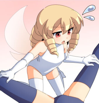 2girls black_leotard commentary_request dairi elbow_gloves flying_sweatdrops gloves leotard luna_child multiple_girls spread_legs stretching thighhighs touhou white_leotard