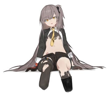 1girl :p black_gloves black_shorts black_thighhighs breasts brown_hair condom condom_wrapper condom_wrapper_in_clothes cropped_legs d5y0m feet_out_of_frame girls&#039;_frontline girls&#039;_frontline_2:_exilium gloves highres invisible_chair leva_(girls&#039;_frontline_2) long_hair long_sleeves looking_at_viewer mechanical_arms navel necktie one_side_up scar scar_across_eye scar_on_face shorts simple_background single_mechanical_arm single_thighhigh sitting small_breasts smile solo stomach thighhighs tongue tongue_out ump45_(girls&#039;_frontline) very_long_hair white_background yellow_eyes yellow_necktie