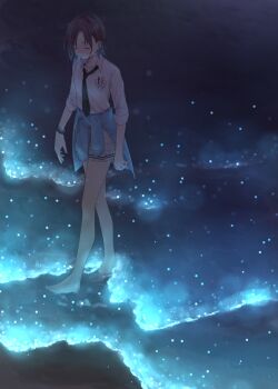 1girl asakura_toru barefoot black_necktie closed_eyes clothes_around_waist collared_shirt commentary_request gradient_hair highres idolmaster idolmaster_shiny_colors jacket jacket_around_waist miniskirt multicolored_hair necktie night object_in_pocket pachiko pen_in_pocket pocket school_uniform shirt shore short_hair skirt smile solo wading white_shirt