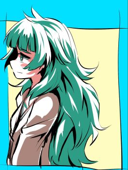 1girl bags_under_eyes blunt_bangs blush from_side green_eyes green_hair highres hiyajou_maho jacket_over_dress messy_hair sadarann science_adventure solo steins;gate steins;gate_0 upper_body