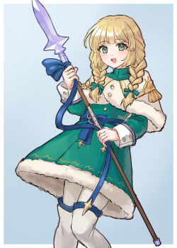 Rule 34 | 1girl, aged down, blue background, border, braid, capelet, commentary request, dress, eyelashes, fire emblem, fire emblem: three houses, fire emblem heroes, fur-trimmed dress, fur trim, green dress, green eyes, hazuki (nyorosuke), highres, holding, holding polearm, holding weapon, ingrid brandl galatea, ingrid brandl galatea (chivalrous heart), long hair, looking at viewer, low-tied long hair, nintendo, official alternate costume, official alternate hairstyle, open mouth, outside border, over-kneehighs, pantyhose, polearm, simple background, smile, solo, spear, standing, thighhighs, twin braids, weapon, white border, white pantyhose, white thighhighs