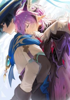 2boys blue_eyes blue_hair blunt_ends carrying closed_eyes closed_mouth comcom_(comcomhey) crying eyelashes from_side genshin_impact hat highres horns japanese_clothes jingasa male_focus mini_durin_(genshin_impact) mini_durin_(human)_(genshin_impact) multiple_boys parted_lips piggyback pointy_ears purple_hair scaramouche_(genshin_impact) short_hair tears teeth wanderer_(genshin_impact)