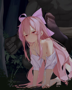 1boy 1girl absurdres all_fours bow bra commission dungeon_and_fighter false_smile flat_chest forest hair_bow highres large_penis lingdu_kejian_zhu long_hair minotaur monster nature nervous_sweating off_shoulder open_clothes open_shirt penis pink_hair red_eyes scared shirt size_difference smile sweat tears thighhighs torn_clothes torn_thighhighs tree trembling underwear very_long_hair white_bra white_shirt white_thighhighs