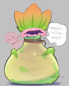 1boy big_belly creature creature_focus english_text fat gen_1_pokemon glasses grey_background highres mangoo099 mega_victreebel nintendo pokemon pokemon_(creature) rubbing_stomach thick_lips victreebel