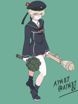 Rule 34 | 1girl, absurdres, atm87, beret, blonde hair, blue dress, blue eyes, blush, boots, breasts, dress, explosive, full body, grenade, grey background, grey hair, hat, highres, kantai collection, long sleeves, looking at viewer, panzerfaust, sailor collar, sailor dress, sailor hat, short hair, solo, stielhandgranate, twitter username, z1 leberecht maass (kancolle)