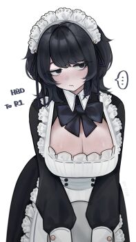 ... 1girl absurdres apron bags_under_eyes black_dress black_eyes black_hair body_freckles breast_freckles breasts cleavage closed_mouth dress expressionless freckles highres huang_qianrong large_breasts long_sleeves maid maid_headdress mole mole_under_mouth original short_hair solo spoken_ellipsis white_apron wolf_cut