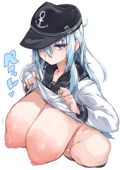 1girl alternate_breast_size_(larger) black_hat blue_eyes blue_hair breasts cleavage datto_3 gigantic_breasts hat hibiki_(kancolle) jitome kantai_collection long_hair nipples presenting_breasts sailor_collar school_uniform serafuku sound_effects white_hair