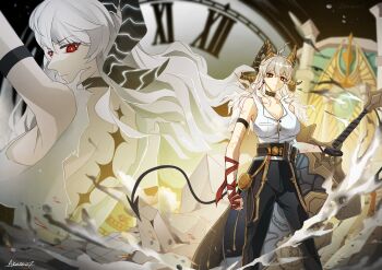 1girl ahoge akaze07 arm_strap back bare_shoulders black_choker black_gloves black_horns black_pants black_tail breasts button_gap choker cleavage closed_mouth collarbone commentary curled_horns demon_tail earrings english_commentary gloves greatsword grey_hair hair_between_eyes high-waist_pants highres holding holding_sword holding_weapon horns jewelry key_earrings large_breasts long_hair multiple_views pants red_eyes shirt shirt_tucked_in shoulder_blades signature sword tacet_mark_(wuthering_waves) tail torn_clothes torn_shirt weapon white_shirt wuthering_waves zani_(wuthering_waves)