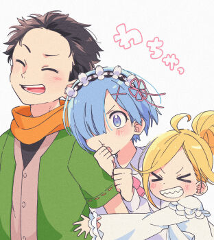 &gt;_&lt; 1boy 2girls ahoge black_hair blonde_hair blue_eyes blue_hair blush closed_eyes dress grin hair_ornament hair_over_one_eye highres hug long_sleeves louis_arneb multiple_girls natsuki_subaru open_mouth orange_scarf pink_ribbon re:zero_kara_hajimeru_isekai_seikatsu rem_(re:zero) ribbon scarf sharp_teeth short_hair smile teeth white_background white_dress x_hair_ornament yuyuyu9526