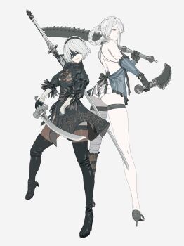 2b_(nier:automata) 2girls ass back-to-back backless_outfit bandaged_arm bandaged_leg bandaged_neck bandages black_boots black_dress black_gloves black_hairband black_shoes black_thighhighs black_visor blindfold blue_negligee blue_sleeves boots braid braided_hair_rings breasts brown_eyes closed_mouth commentary d.k dress dual_wielding english_commentary feather_trim fighting_stance flower full_body gloves grey_hair hair_flower hair_ornament hair_rings hairband high_heels highres holding holding_sword holding_weapon juliet_sleeves kaine_(nier) light_smile long_hair long_sleeves medium_breasts mole mole_under_mouth multiple_girls nier:automata nier_(series) panties puffy_sleeves shoes short_hair side_slit single_bare_shoulder sword thigh_boots thigh_strap thighhighs thighs underwear weapon white_flower white_panties