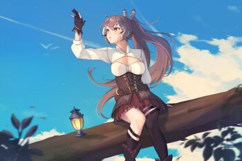 :o ankle_boots arm_up belt bird blue_sky boots brown_corset brown_eyes brown_hair cleavage_cutout clothing_cutout cloud corset feather_hair_ornament feathers gloves hair_lift hair_ornament hololive hololive_english kneehighs lantern leaf long_hair multicolored_hair nanashi_mumei nanashi_mumei_(1st_costume) open_mouth partially_fingerless_gloves pleated_skirt ponytail rantomato18 red_skirt shirt single_kneehigh single_sock single_thighhigh sitting sitting_on_branch skirt sky socks streaked_hair thighhighs very_long_hair virtual_youtuber white_shirt