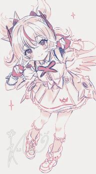 1girl aria_(zenless_zone_zero) black_bow blush bow center_frills collarbone commentary crossed_bangs detached_collar double_v dress fingerless_gloves frills gloves grey_background hair_between_eyes hair_bow highres ichiya_refi leaning_forward looking_at_viewer simple_background solo sparkle sparkling_eyes symbol-only_commentary tongue tongue_out v white_dress white_wings wings zenless_zone_zero