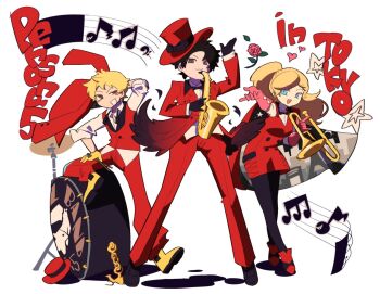 1girl 2boys amamiya_ren band_(music) black_hair blonde_hair blue_eyes blush closed_mouth copyright_name drum drum_set drumsticks english_text flower full_body gloves grey_eyes hashtag-only_commentary hat heart holding holding_drumsticks holding_instrument holding_jacket holding_saxophone holding_trombone holding_unworn_clothes instrument jacket long_hair long_sleeves looking_at_viewer multiple_boys musical_note open_mouth pants persona persona_5 pink_gloves red_hat red_jacket red_pants red_vest rose sakamoto_ryuuji sasibowol saxophone shirt short_hair simple_background smile standing takamaki_anne trombone twintails unworn_jacket vest white_background white_shirt